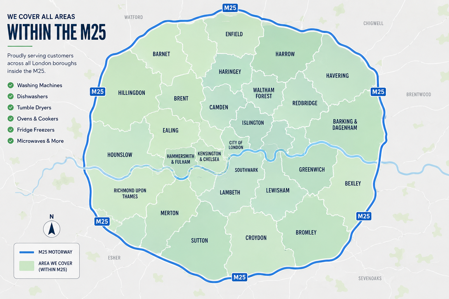 Map of the areas JT Service covers across London and the M25
